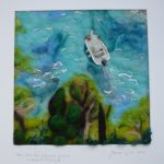 Botanical gardens Calella de Palafrugel costa beava Spain, view of the sea in blue greens in needle felt with motor boat and deepgreen foliage in the foreground