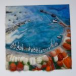 Vathi harbour Samos island Greece, needle felted seascape of boats in harbour , harbour walls, sea, houses whitewashed with teracotta rooves.