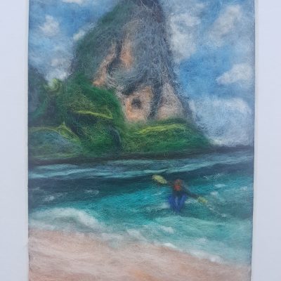 wool painting of Railay island , Thailand, blue sea , grey rocks, dark green vegetation.