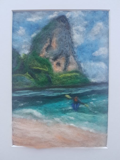wool painting of Railay island , Thailand, blue sea , grey rocks, dark green vegetation.