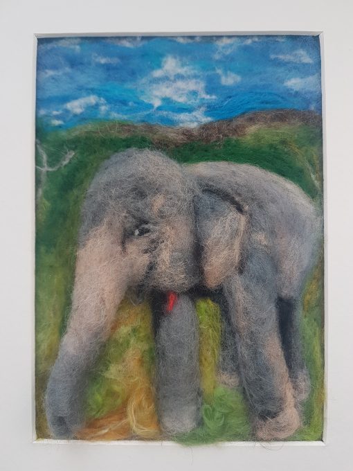felted elephant in grey and peach wool
