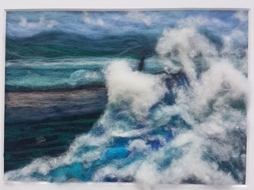 Blue sea, white waves in soft wool felting