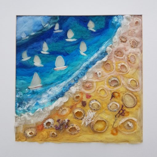 needle felting of Fowey, Cornwall, abstract 3D felting using found objects from the beach in Fowey, sea glass, seaweed, shells, to create this abstract felted seascape.