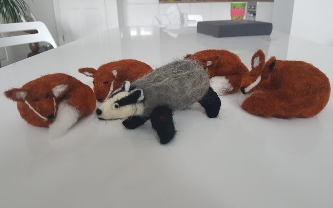 felted badger and foxes