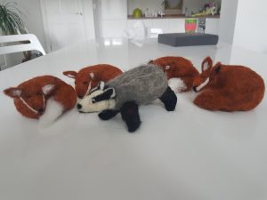 felted badger and foxes