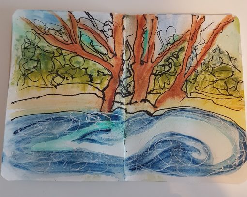 sketch Llangollen river, pen and watercolour.