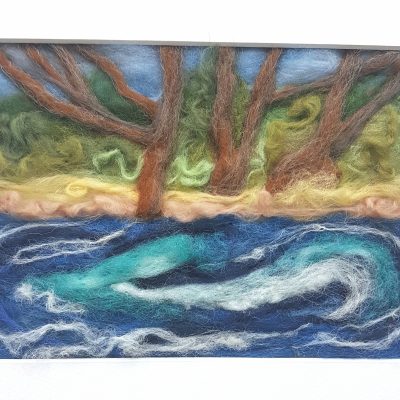 felted river in wool, blue swirls, rust trees, green foliage.