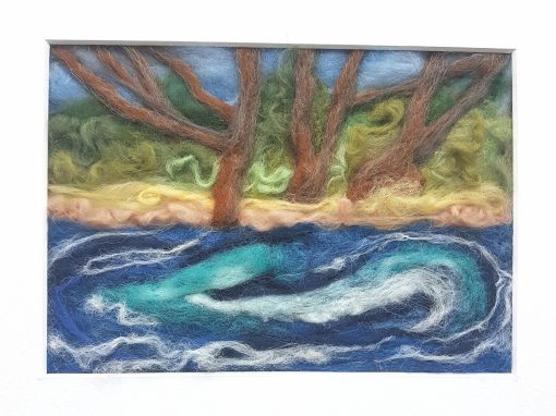 felted river in wool, blue swirls, rust trees, green foliage.