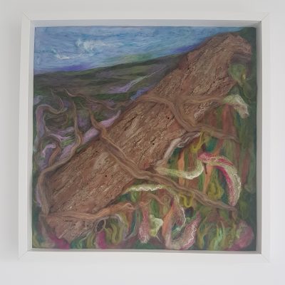 woodland felted landscape with found object wood bark, lavender field behind, pink primroses in foreground, texture in wool, painting in wool, fallen tree in woodland landscape, wood bark texture.