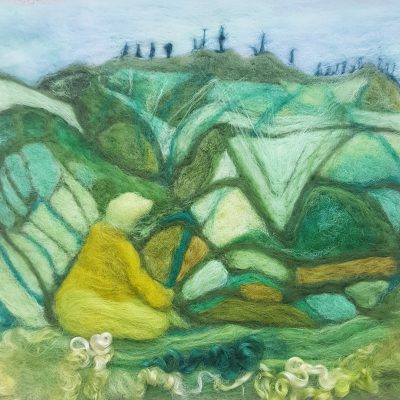 needle felted Swiss landscape with swami seated in meditation, green tones with pale blue sky, textured mountains wool texture, painting in wool, shades of green wool, 3D relief landscape of Swiss Alps.