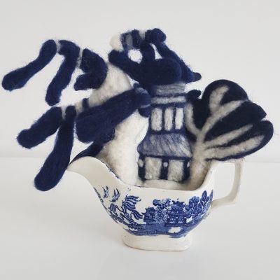 blue and white felted birds sweetheart birds willow pattern needle felt pagoda sculpture in vintage willow pattern gravy bowl.