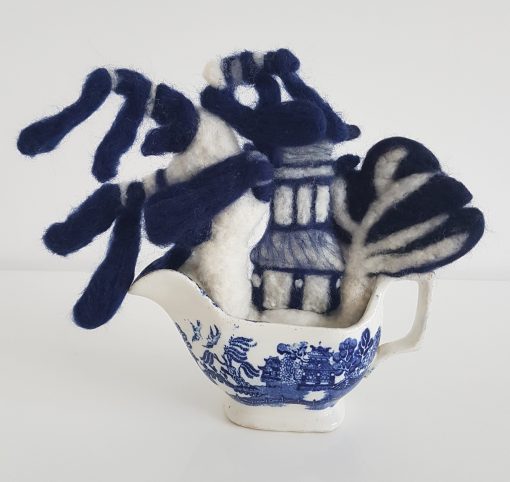 blue and white felted birds sweetheart birds willow pattern needle felt pagoda sculpture in vintage willow pattern gravy bowl.