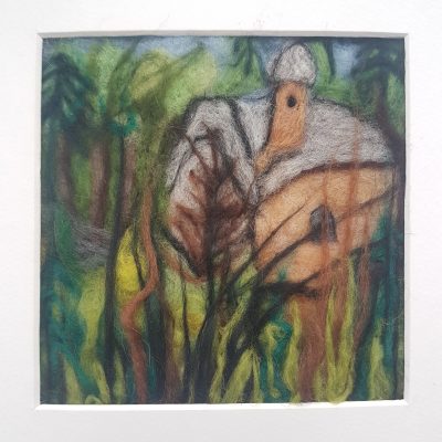 needle felt picture Italy Alps, wood scene , landscape Italy, cottage in the woods Italian Alps. mountain cottage in Italy, dark green foliage with simple stone cottage
