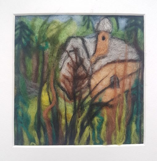 needle felt picture Italy Alps, wood scene , landscape Italy, cottage in the woods Italian Alps. mountain cottage in Italy, dark green foliage with simple stone cottage