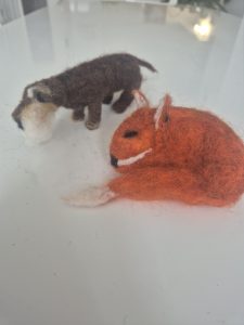 Felted red fox and wire haired dachsund,  needle felted animals,  