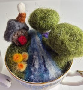 Felted scene in a teacup, wool art, felted landscape.