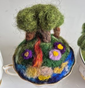 Teacup felted landscape, learn needle felting. 