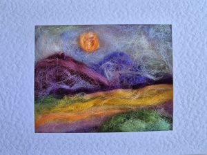 Learn how to felt aperture gift cards, felted landscape,  bright colours wool. 