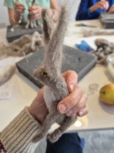 Wool needle felting hare, workshops in needle felting. 
