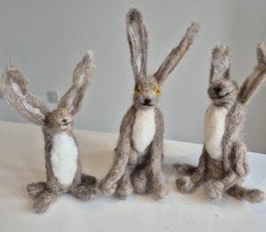 Felted wool hares, workshops in needle felt in Stroud.
