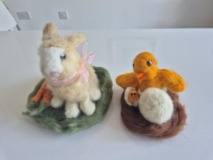 Needle felted bunny rabbit , needle felted chick, egg. Wool felting